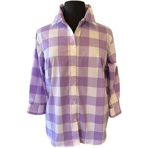 Chaps Lavender and White Gingham Button-Up Blouse